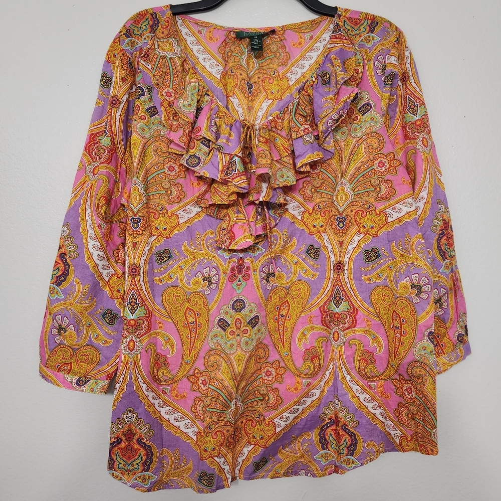 Lauren Ralph VNeck Ruffle 3/4 Sleeve Paisley Blouse